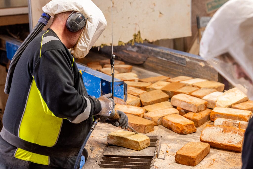 Arbejder renser mursten på produktionslinje